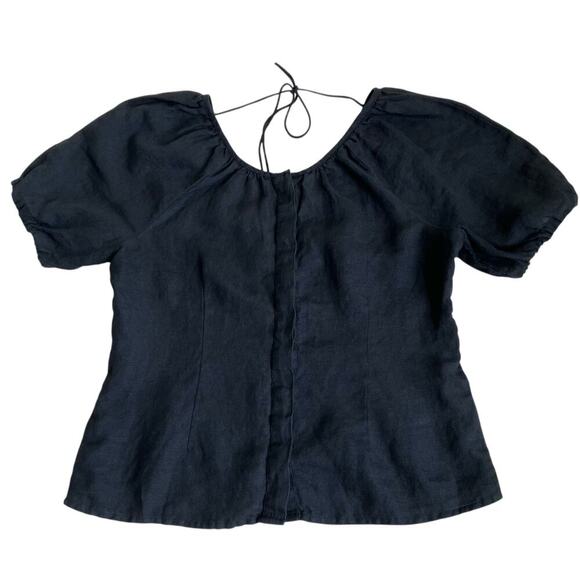 J. Crew Sz 8 Black 100% Linen Puff Sleeve V Back Top Blouse Button Front - Picture 10 of 16